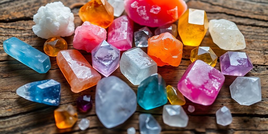 Varie pietre colorate su una superficie di legno.