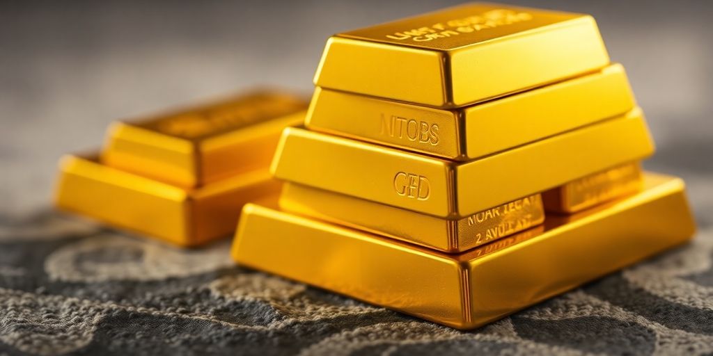 Barres d'or empilées sur une surface texturée.