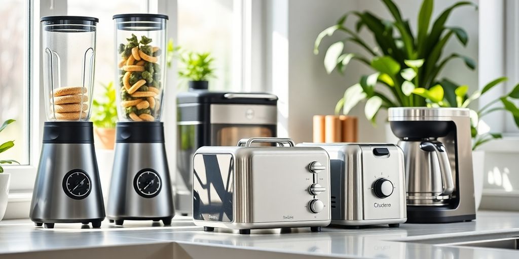 Energiesparende Küchengeräte auf einer sauberen Arbeitsplatte.