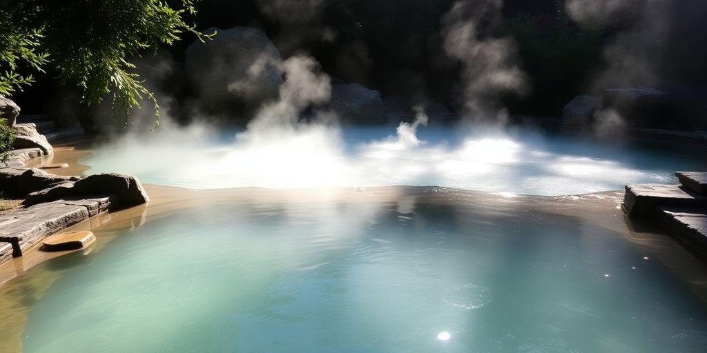 Steaming mineral pools at Glen Ivy Hot Springs surrounded by greenery.