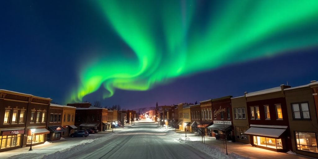 Fairbanks winter city scene with aurora