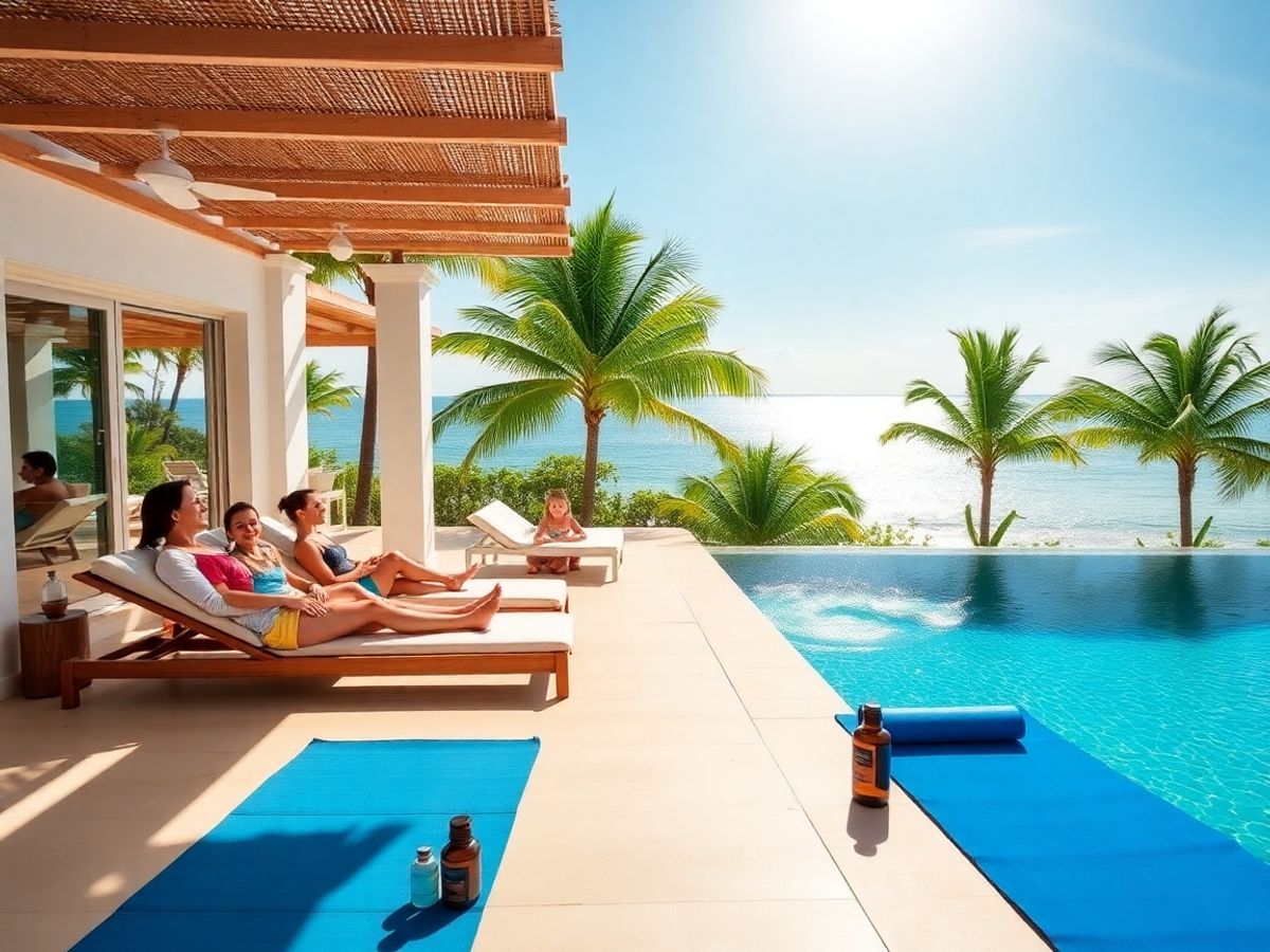 Famiglia che si rilassa a bordo piscina in una villa privata con dintorni tropicali