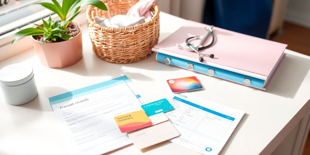 Documentos organizados para consulta pré-natal.