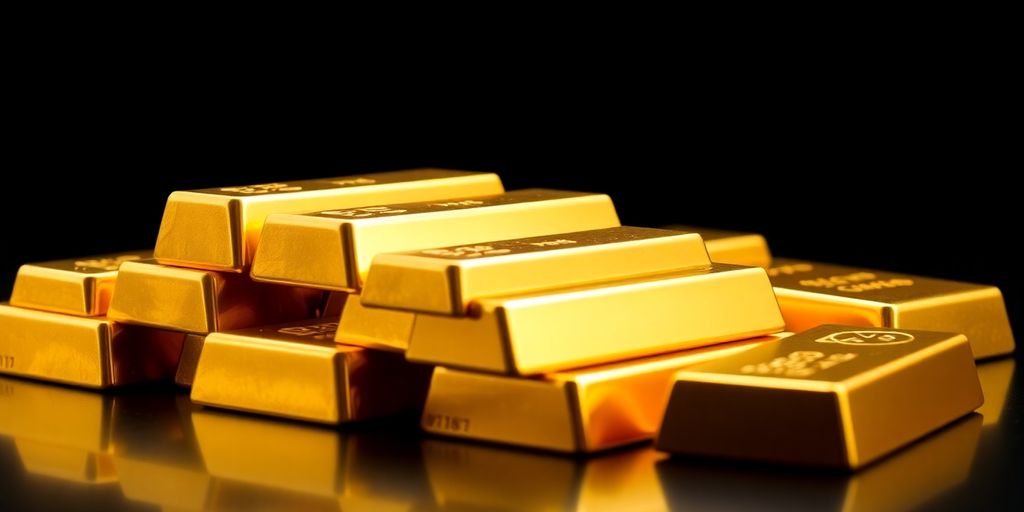 Des lingots d'or brillants sur fond sombre.