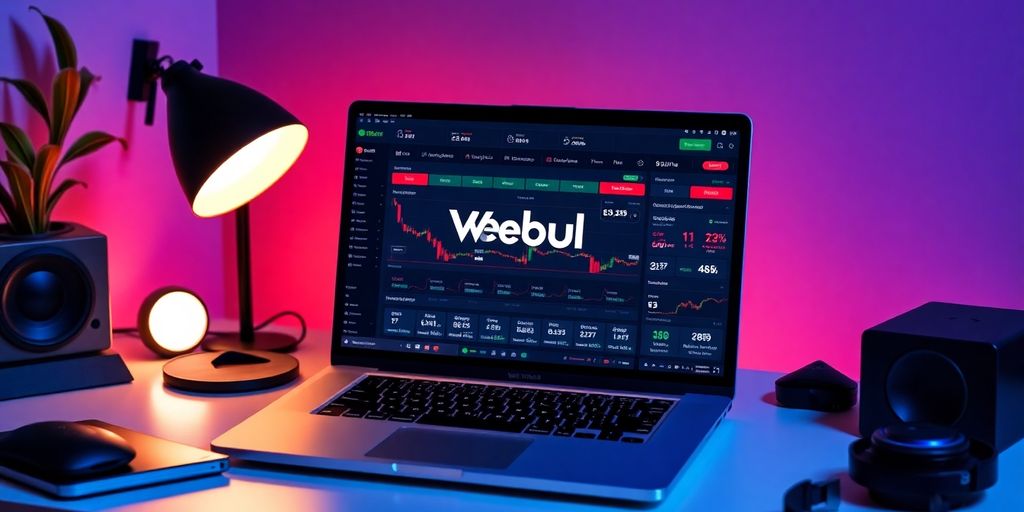 Desktop setup with Webull trading platform and accessories.