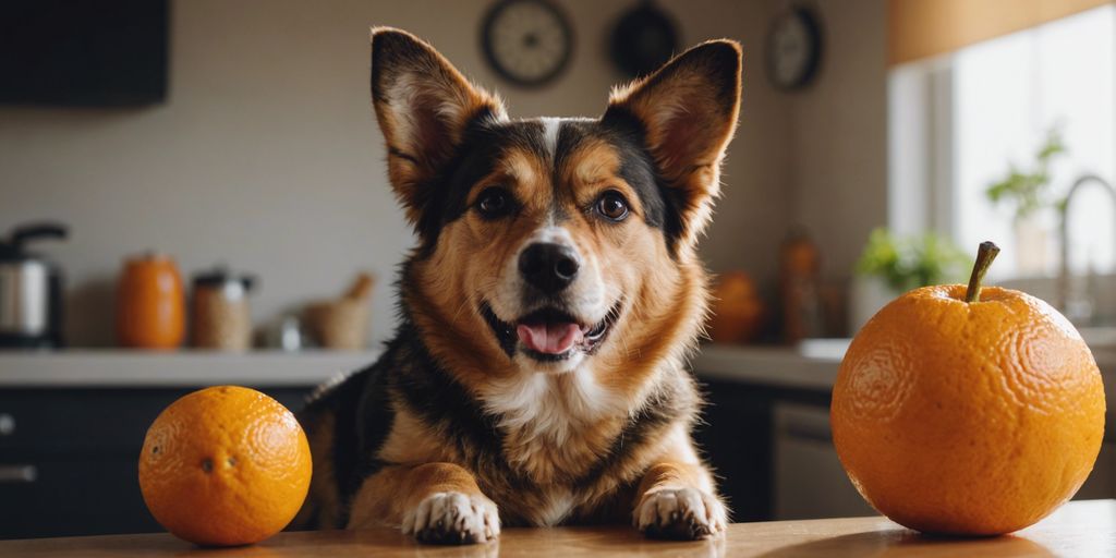 A curious dog sitting beside a sliced orange, questioning if it can eat the fruit.