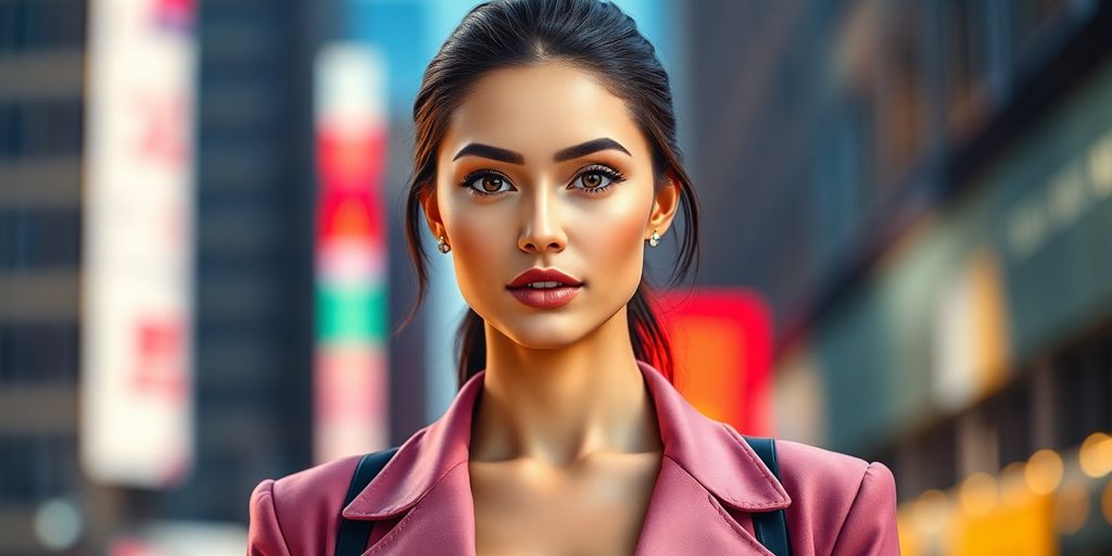 AI influencer posing with futuristic cityscape background.
