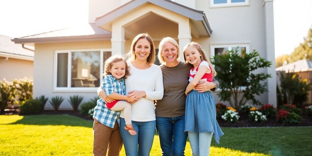 Happy family embraces in front of their beautiful house.