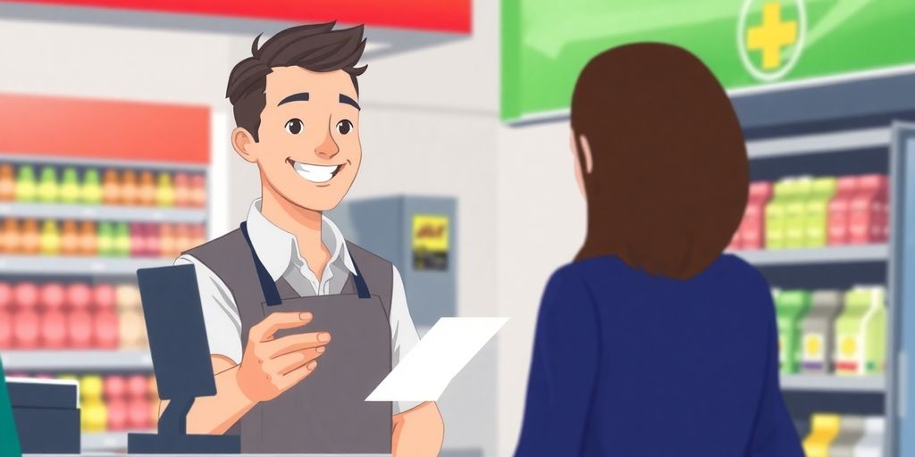 Cashier smiles, holding receipt at gas station counter.