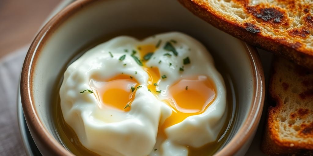 ไข่ลวกสวยงามในชาม มีขนมปังเคียง