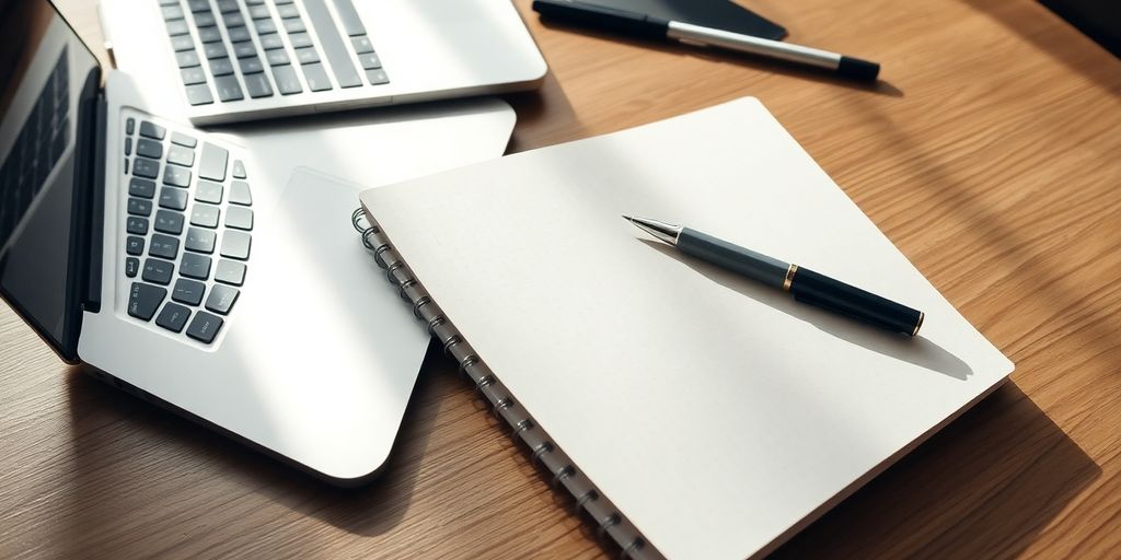 Workspace with laptop, notebook, and pen.