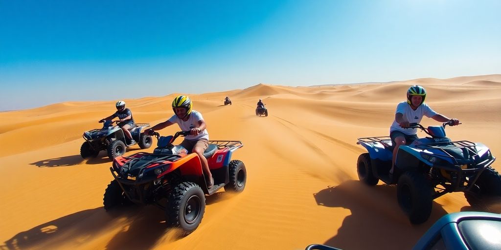 Quad bikers racing through the Marrakech desert landscape.