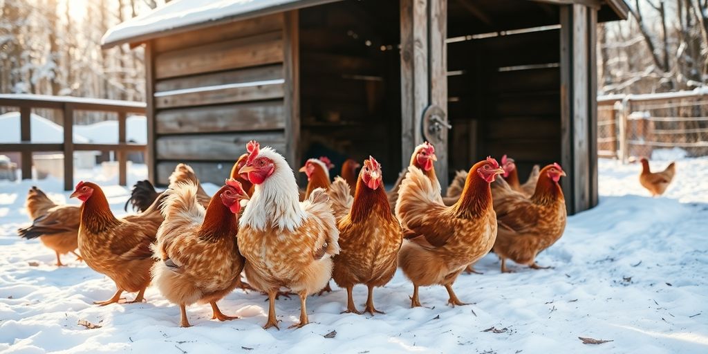 Chickens pecking in snow with a cozy coop backdrop.