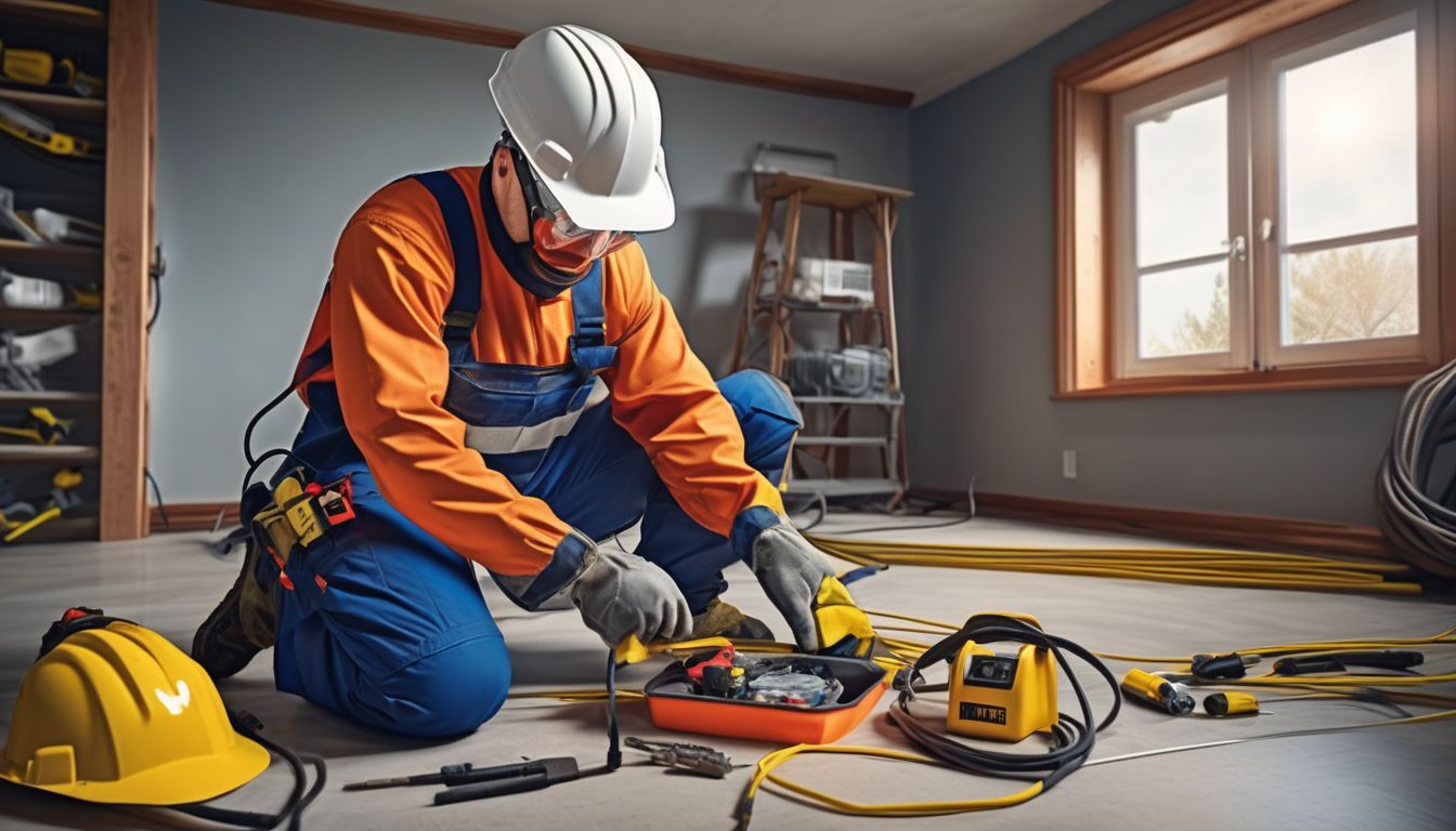electrician working safely with tools and protective gear in a home setting
