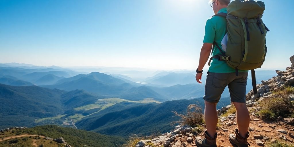 Hiker in mountains with backpack.