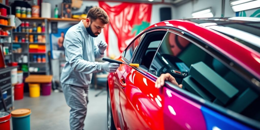 Auto painter working on a car in a workshop.