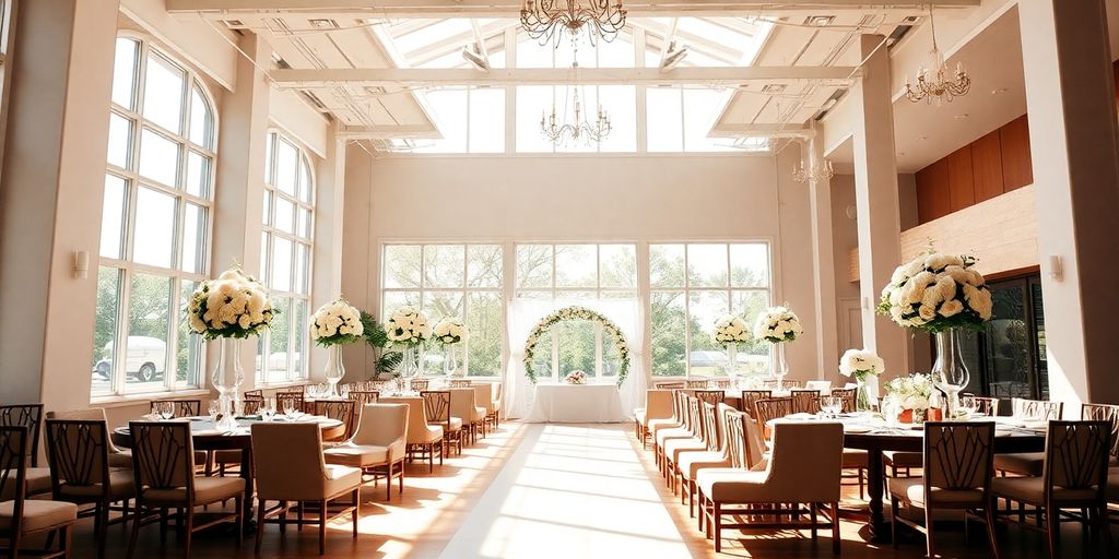 Elegant Dallas event venue interior with floral arrangements.