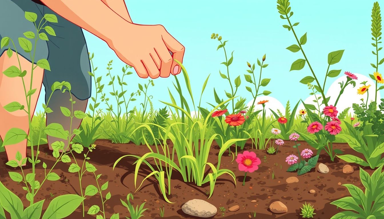 Person hand-pulling weeds in a garden bed