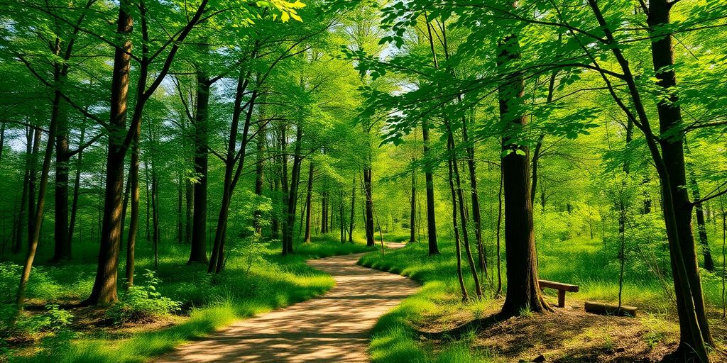 Copaci verzi cu potecă în pădure.