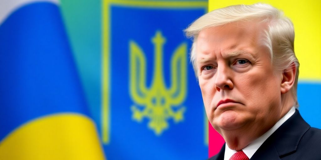 Trump with Ukrainian and Russian flags in the background.