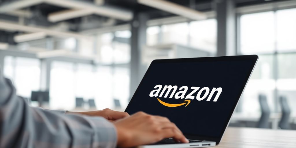 Person typing on laptop with Amazon logo.