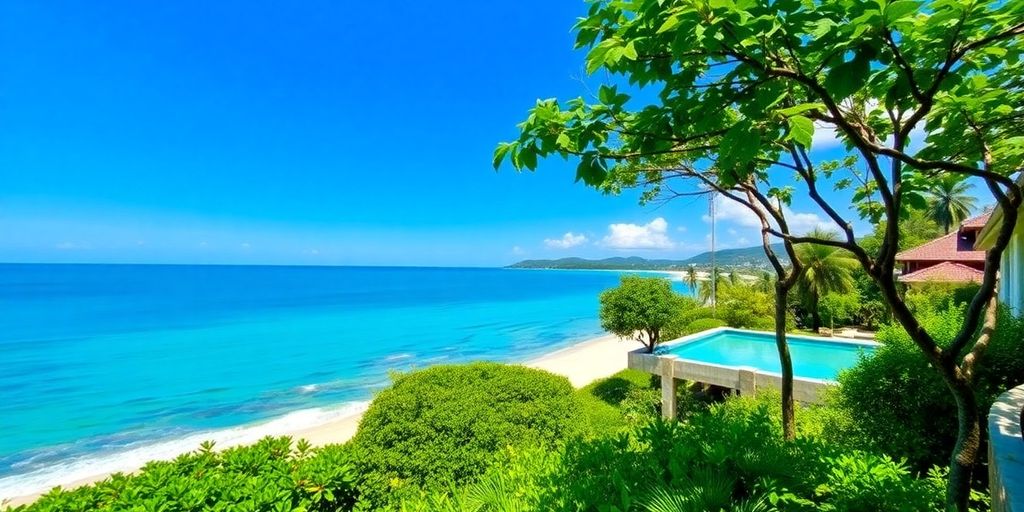 Scenic beachfront property in Phuket, lush greenery surrounding it.