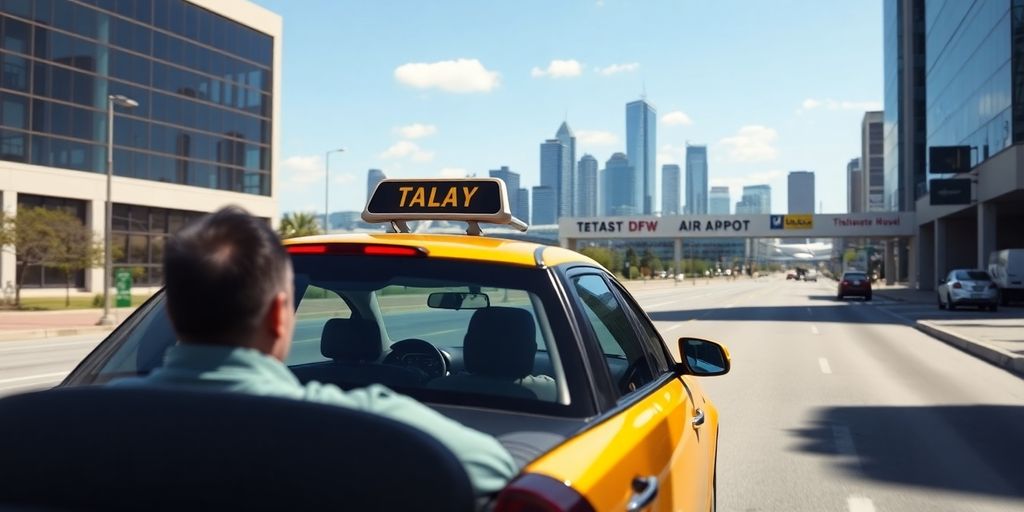 Professional cab on the road heading to DFW Airport.