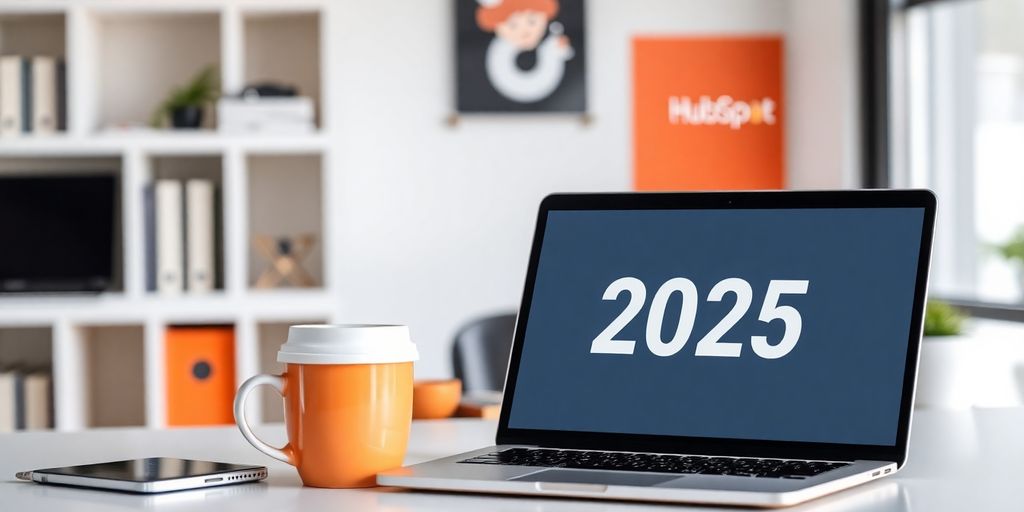 Modern workspace with HubSpot branding elements and laptop.