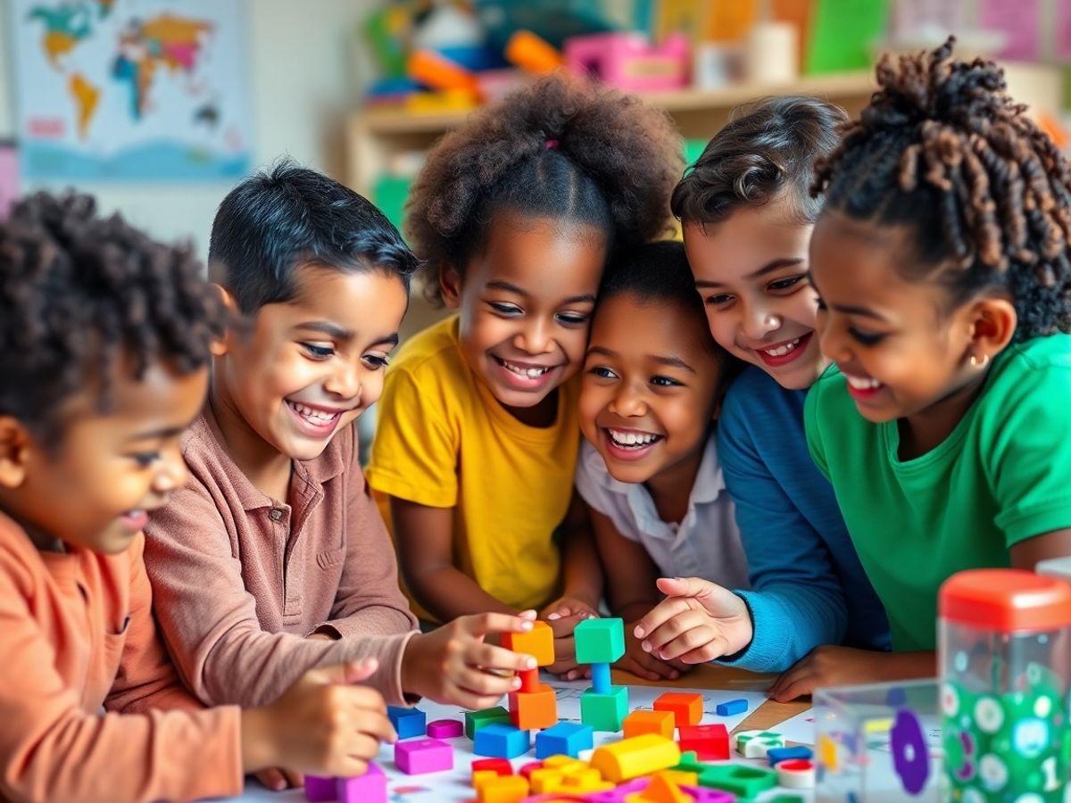 Copii fericiți învățând matematică într-un mediu jucăuș.