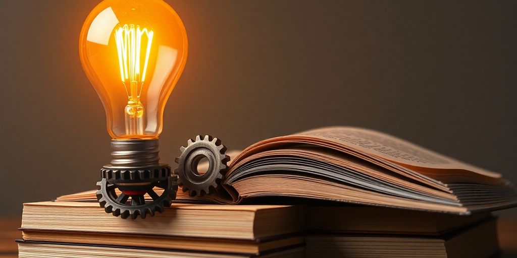 Lightbulb with gears and storybook pages