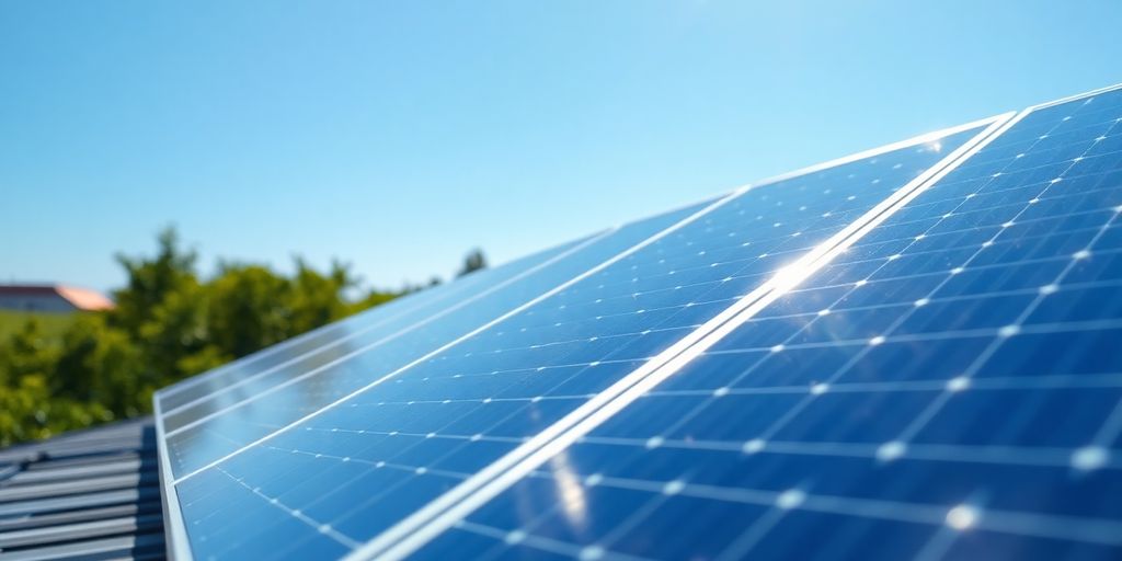Photograph of solar panels on a rooftop under sunlight.