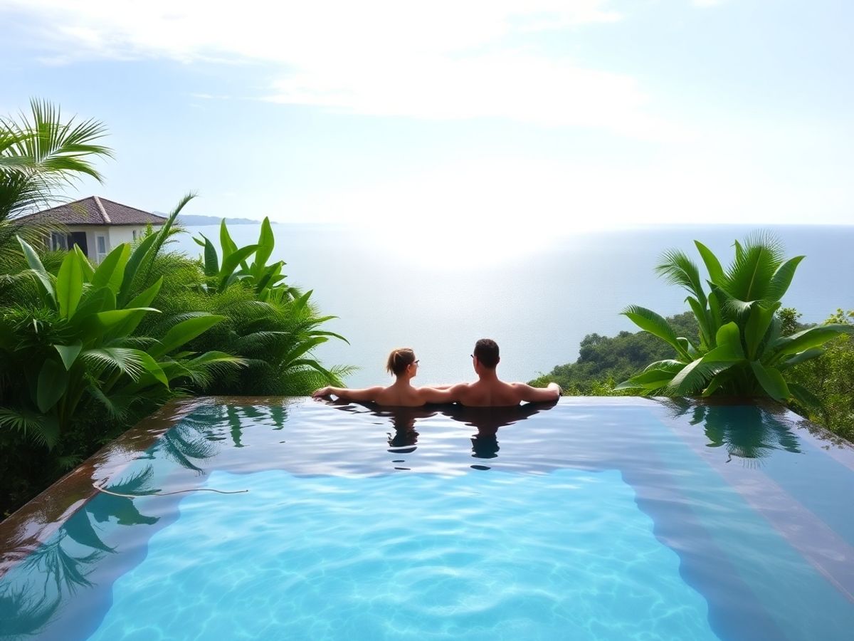 Couple profitant d'une piscine privée de villa donnant sur l'océan.