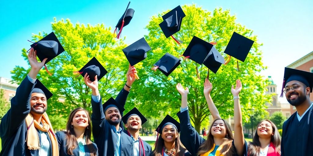 Students celebrating graduation with caps flying.