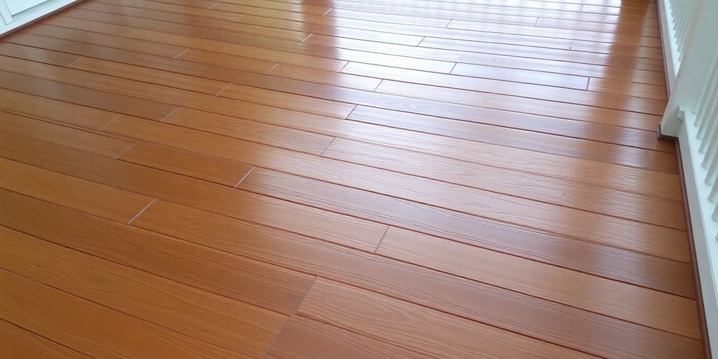 Newly stained wooden deck with clean railings.