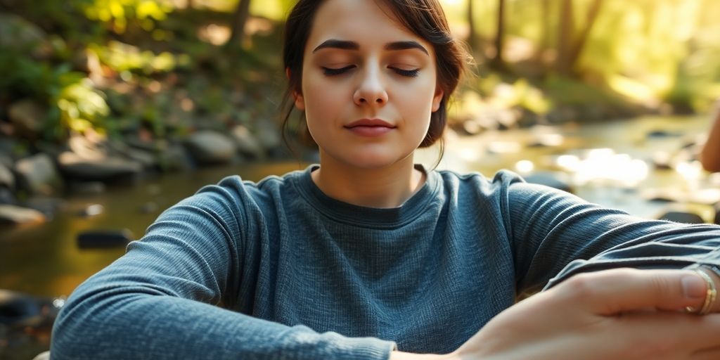 Person meditating, calm, peaceful outdoors.