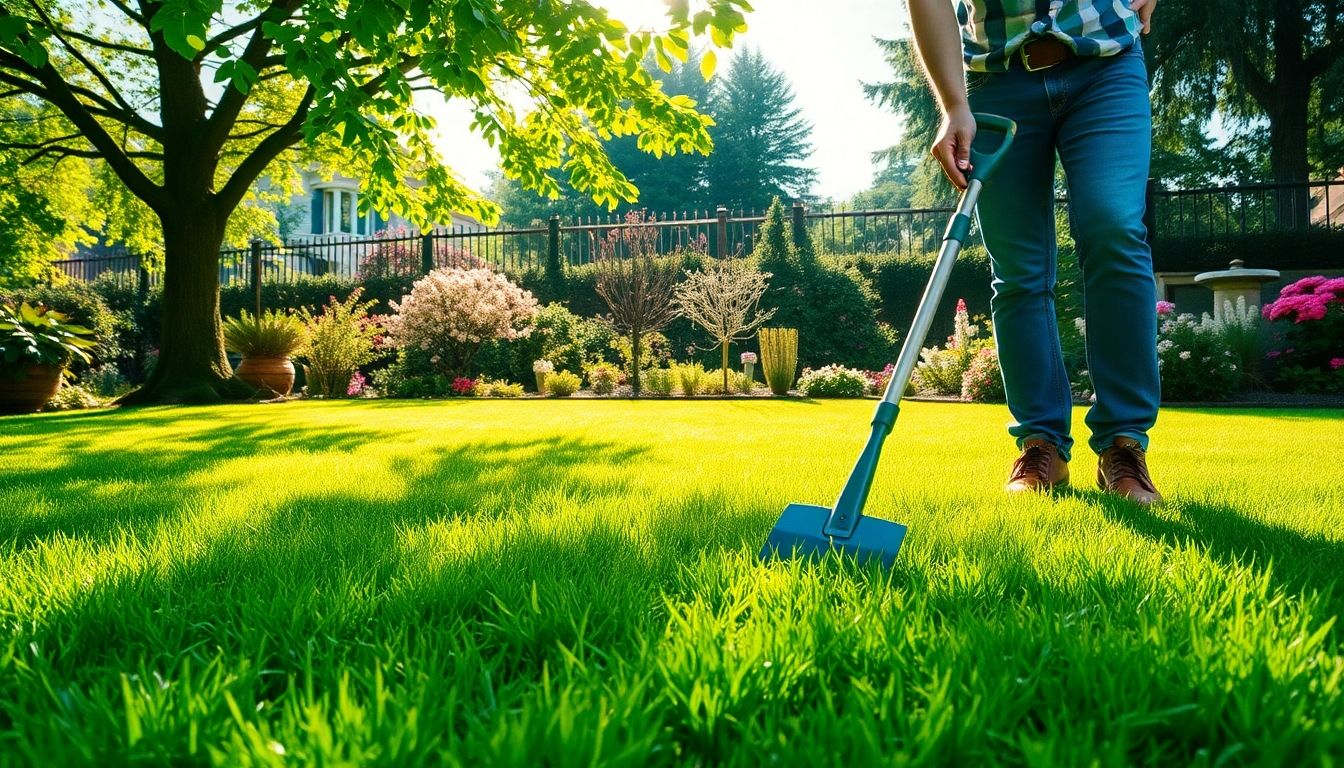 Gardener mowing a lush green lawn with eco-friendly tools.