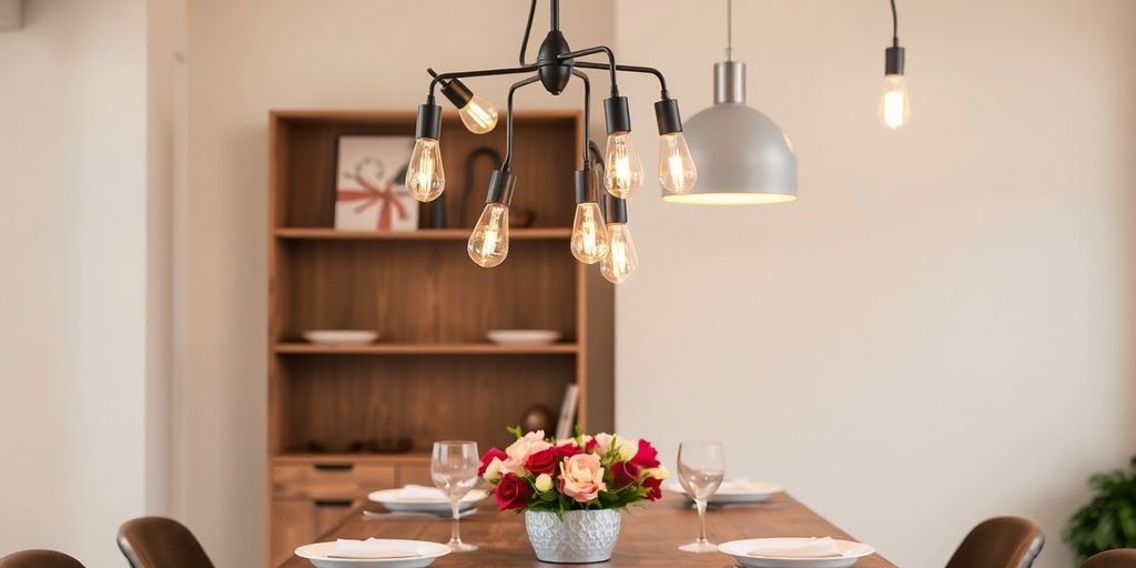 Dining table with various light fixtures above.