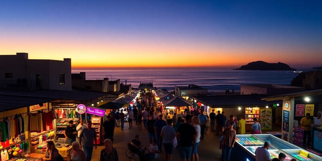 Colorful San Cabos nightlife with markets and ocean sunset.