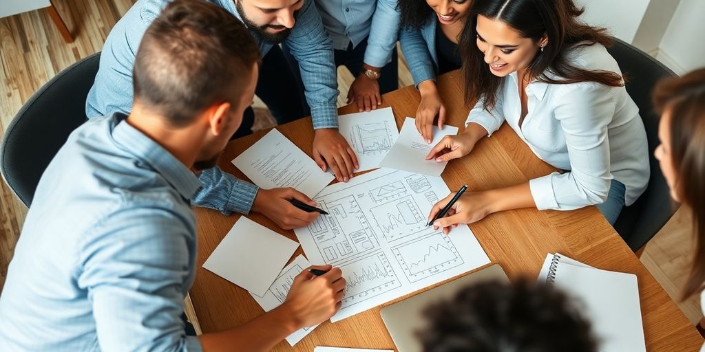 Entrepreneurs collaborating on a business plan at a table.