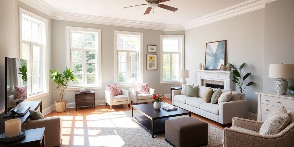 Restored living room with modern furniture and bright decor.