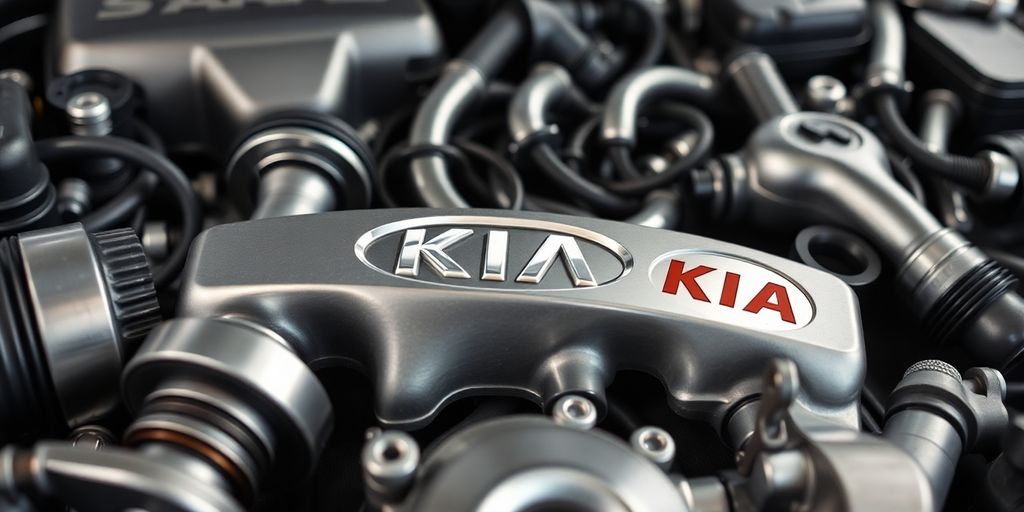 Close-up of gleaming Kia car engine parts.