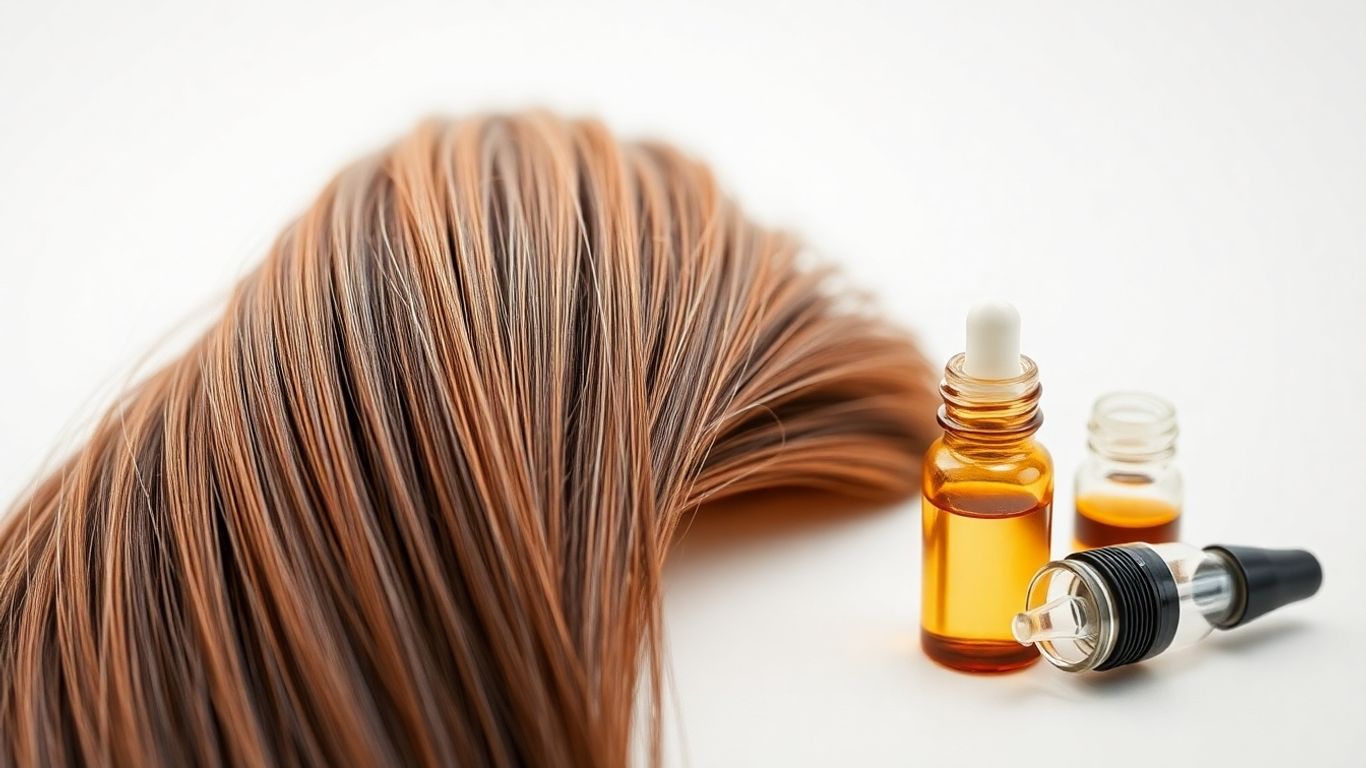 Healthy hair strands with peptide serum vials and droppers