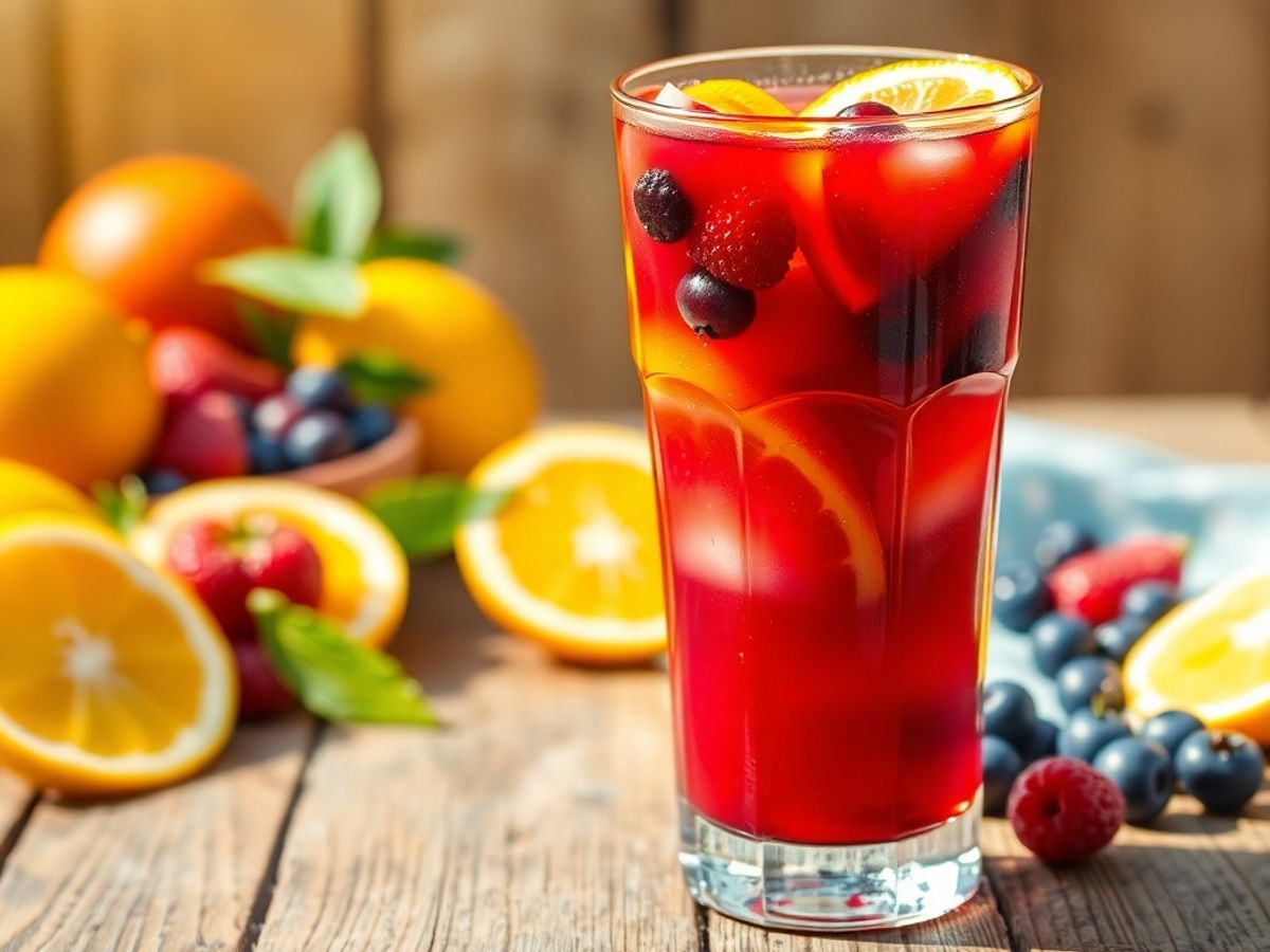 Fargerik sangria med ferske frukter på bordet.