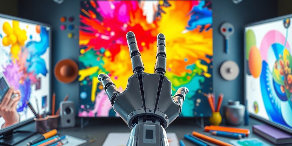 Robot hand reaching for colourful canvas and art tools.