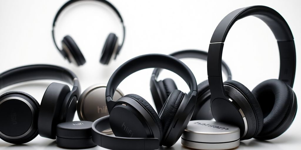 Verschiedene Hifi Bluetooth Kopfhörer in eleganter Anordnung.