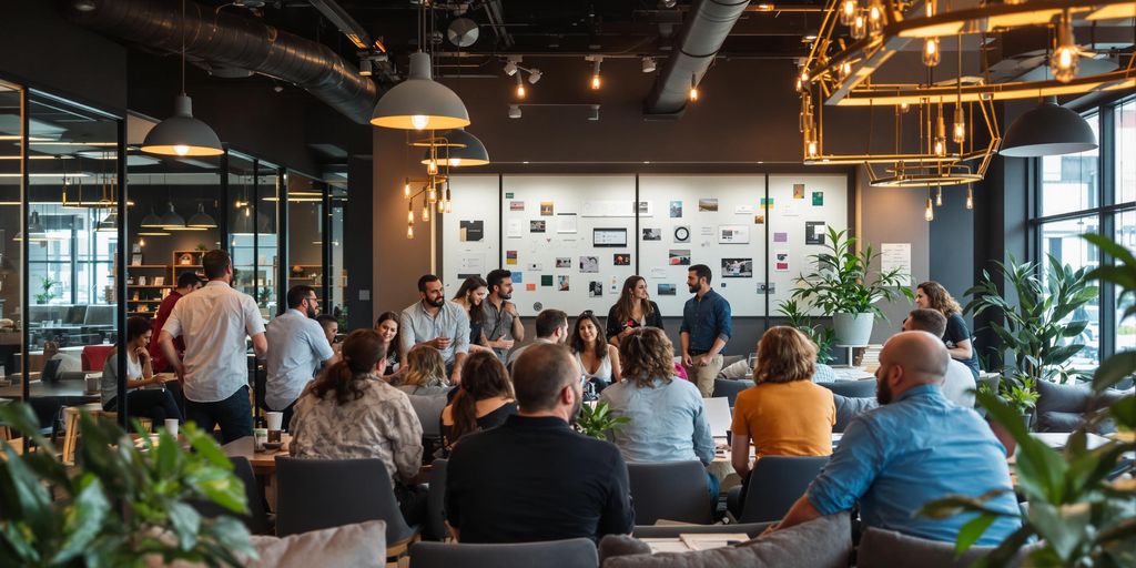 Entreprenører i kreativt samarbeid i moderne kontormiljø.