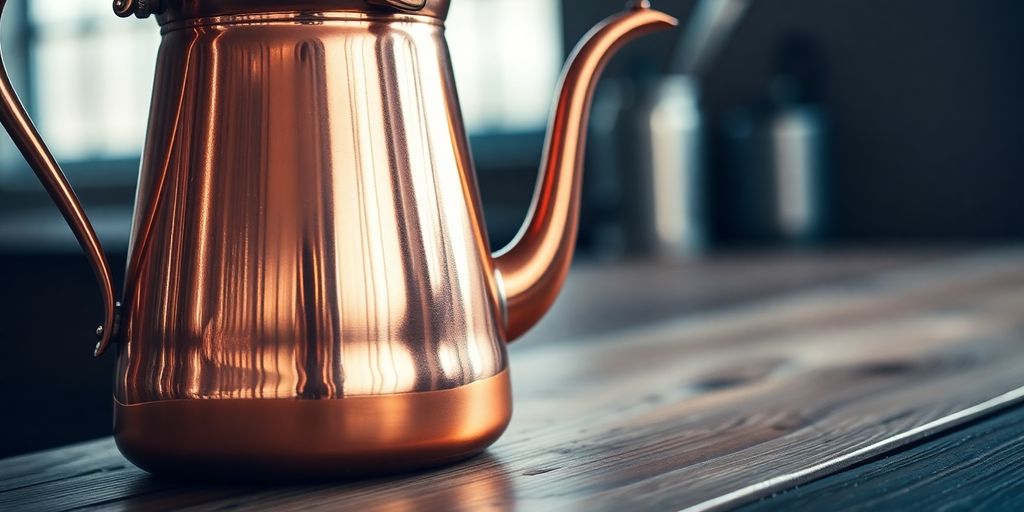A shiny copper coffee pot on a wooden table.