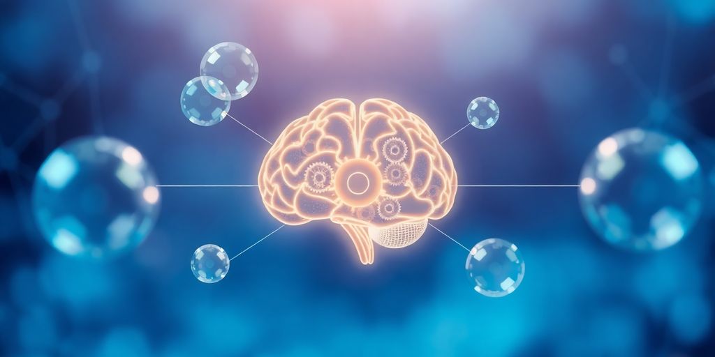 AI brain with gears, surrounded by floating summary bubbles.