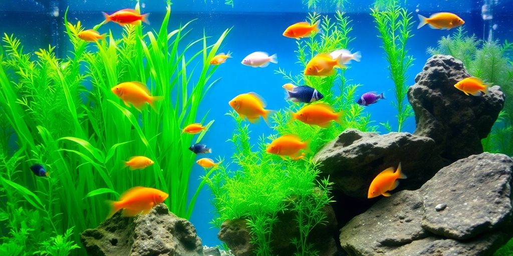 Peces coloridos en un entorno de acuario exuberante.