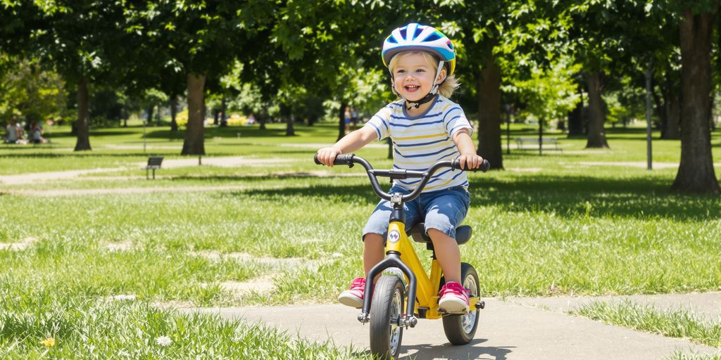 Kind fährt mit einem Laufrad in einem sonnigen Park.